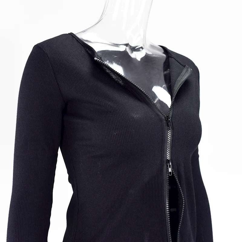 NewAsia Garden Double Zipper Two Piece Set T Shirt And Shorts Matching Sets Women Ribbed Long Sleeves Two Piece Outfits Black