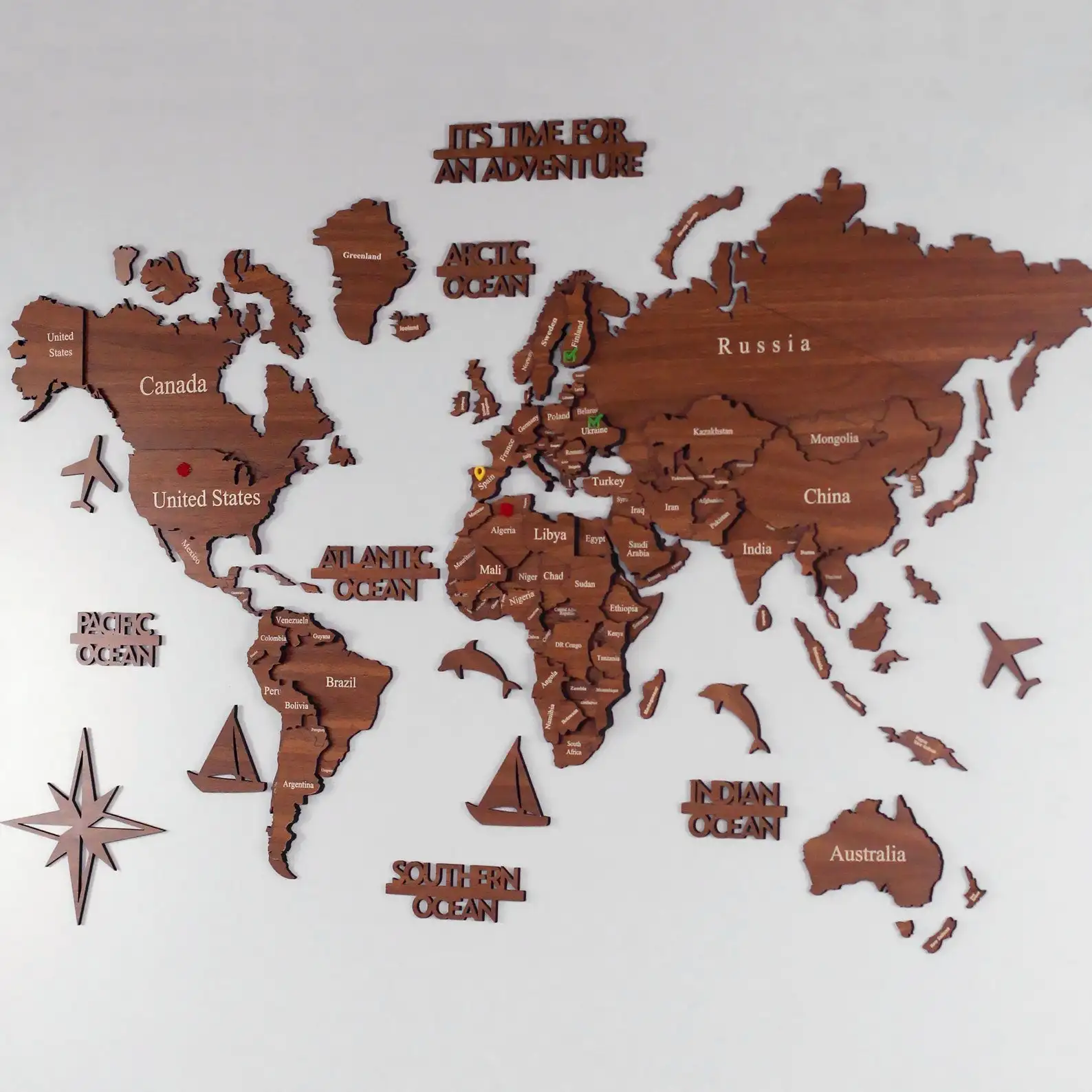 

Decorative 3D Wooden World Map Europe Asia Continent Office Living Room Wall Decor Home Gift Art Natural Color Pins For School