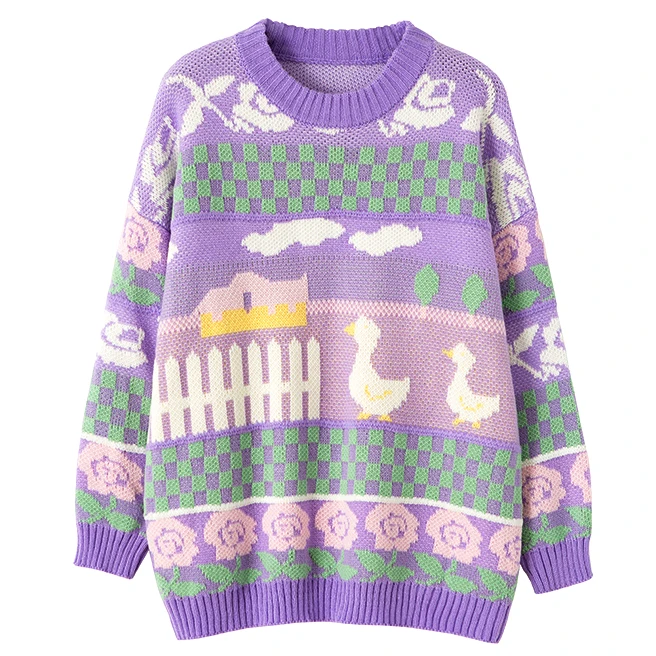 Вязаный свитер с вышитой уткой из мультфильма 2019 Зимний фиолетовый теплый