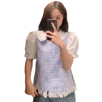baldauren women 2022 fashion patchwork tweed blouses vintage peter pan collar frayed hem female shirts streetwear