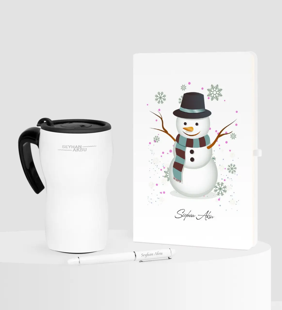 

Personalized Christmas Snowman Themed White Notebook Pen Thermos Mug Set-1