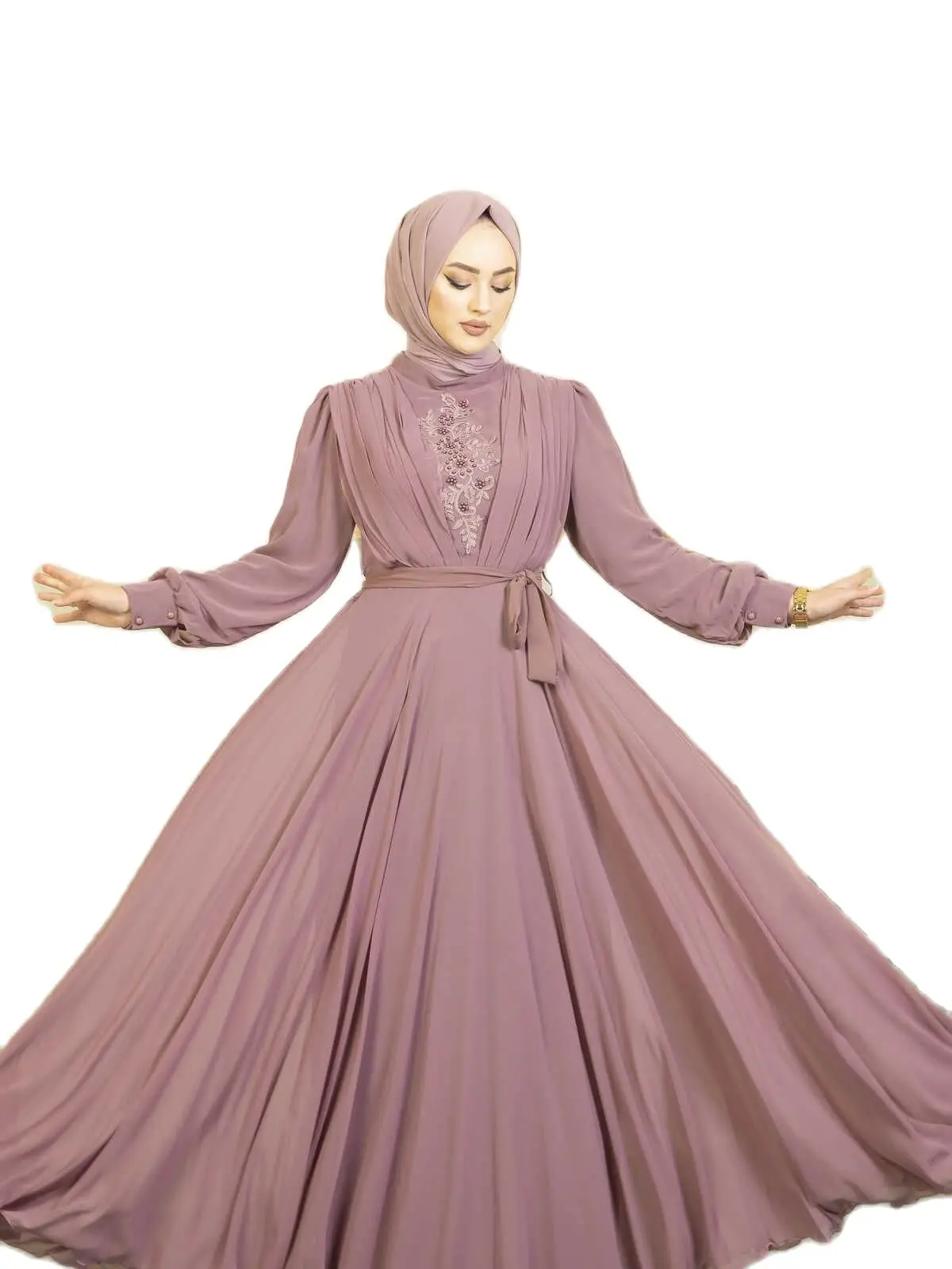 Новая мода жемчужное детальное шифоновое вечернее платье в хиджабе Розовое длинное женское платье Вечернее платье Рамадан Кафтан Мусульма...