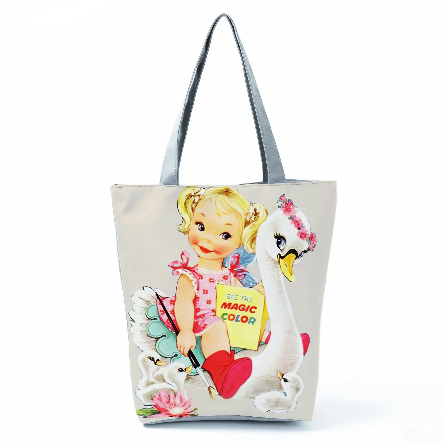 

Girl And Swan Printed Handbag Fashion High Capacity Foldable Outdoor Beach Shoulder Bag Reusable Shopping Bag Can Custom Pattern