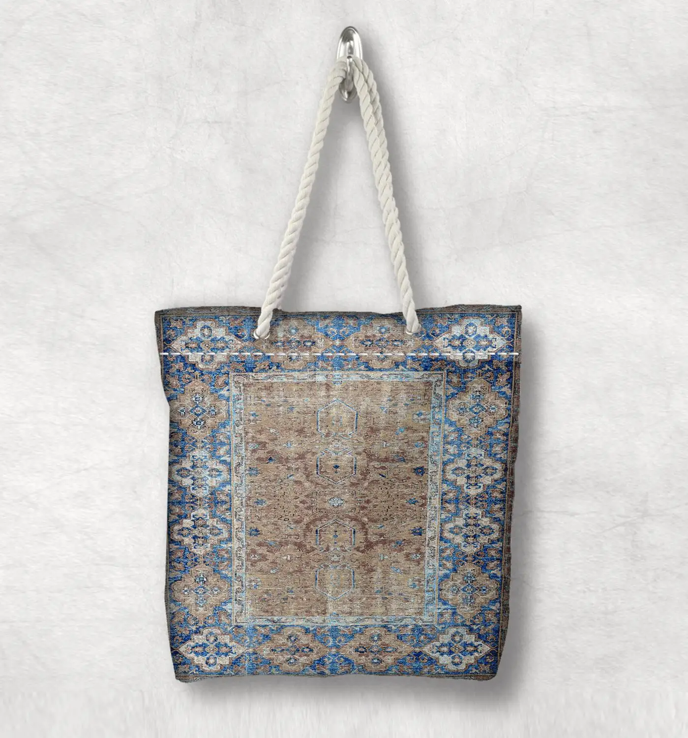 

Else Blue Brown Retro Anatolia Antique Kilim Design White Rope Handle Canvas Bag Cotton Canvas Zippered Tote Bag Shoulder Bag