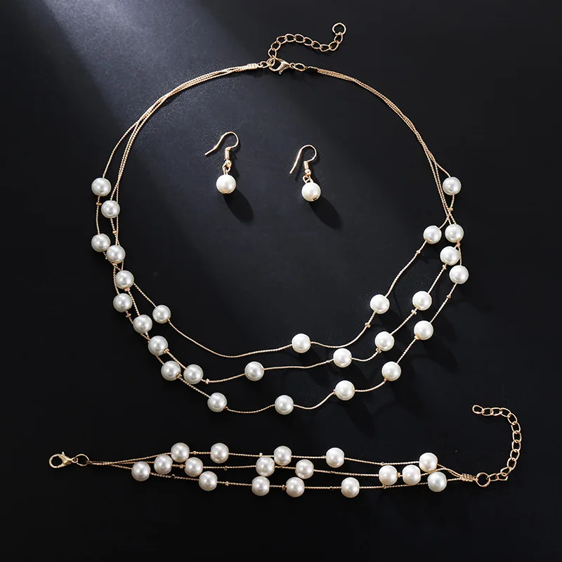 1 Set Simulated Pearl Beaded Multilayer Necklace Dangle Earrings Bracelet Korean Fashion Bridal Wedding Accessories Jewelry | Украшения и