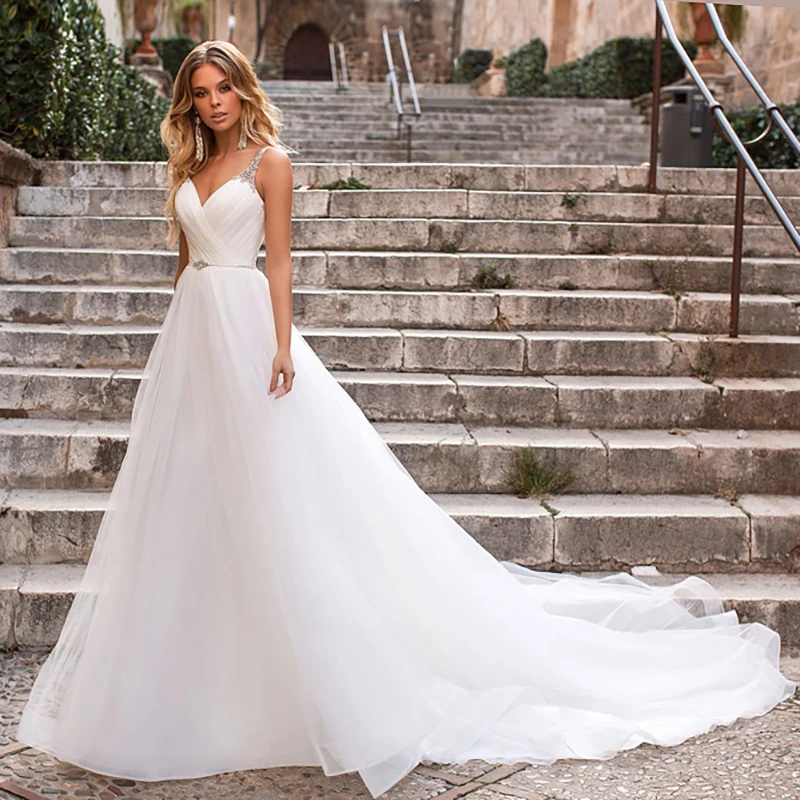 

V Neck Tulle Wedding Dresses Princess Backless Off White Plus Size Beading Straps Sash Bridesmaid Bridal Gown Vestido De Noiva