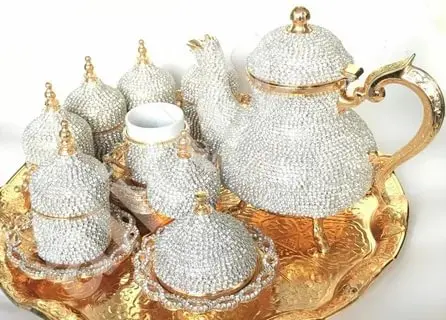 

WONDERFUL Swarovski Stone Embroidered Turkish Coffee Set with 6 Gold Color Pots.
