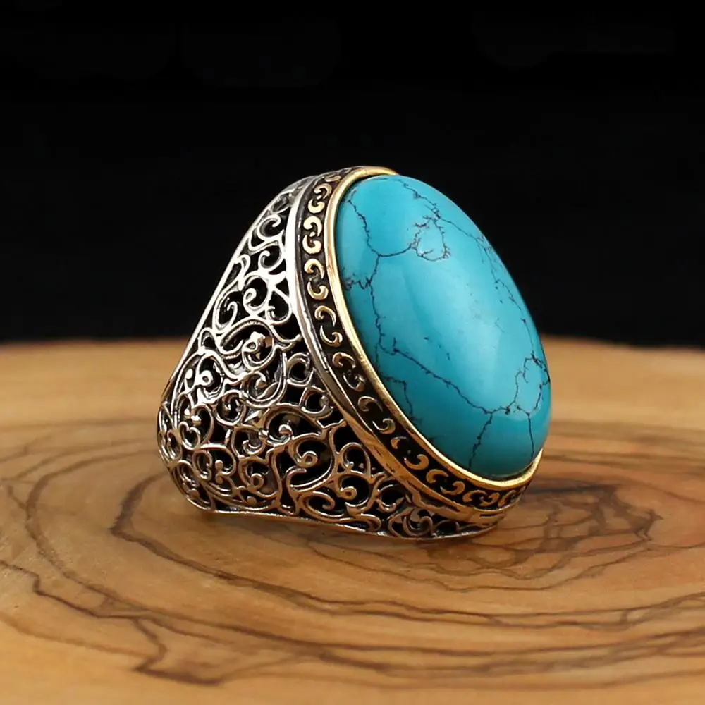 Bague en pierre d'agate Feroza naturelle en argent regardé 925 pur pour hommes et femmes, bijoux faits à la main de haute qualité, mode vintage, punk, rétro, Zunderes on Onyx, cadeau, style turc, accessoire pour hommes, toutes tailles 2