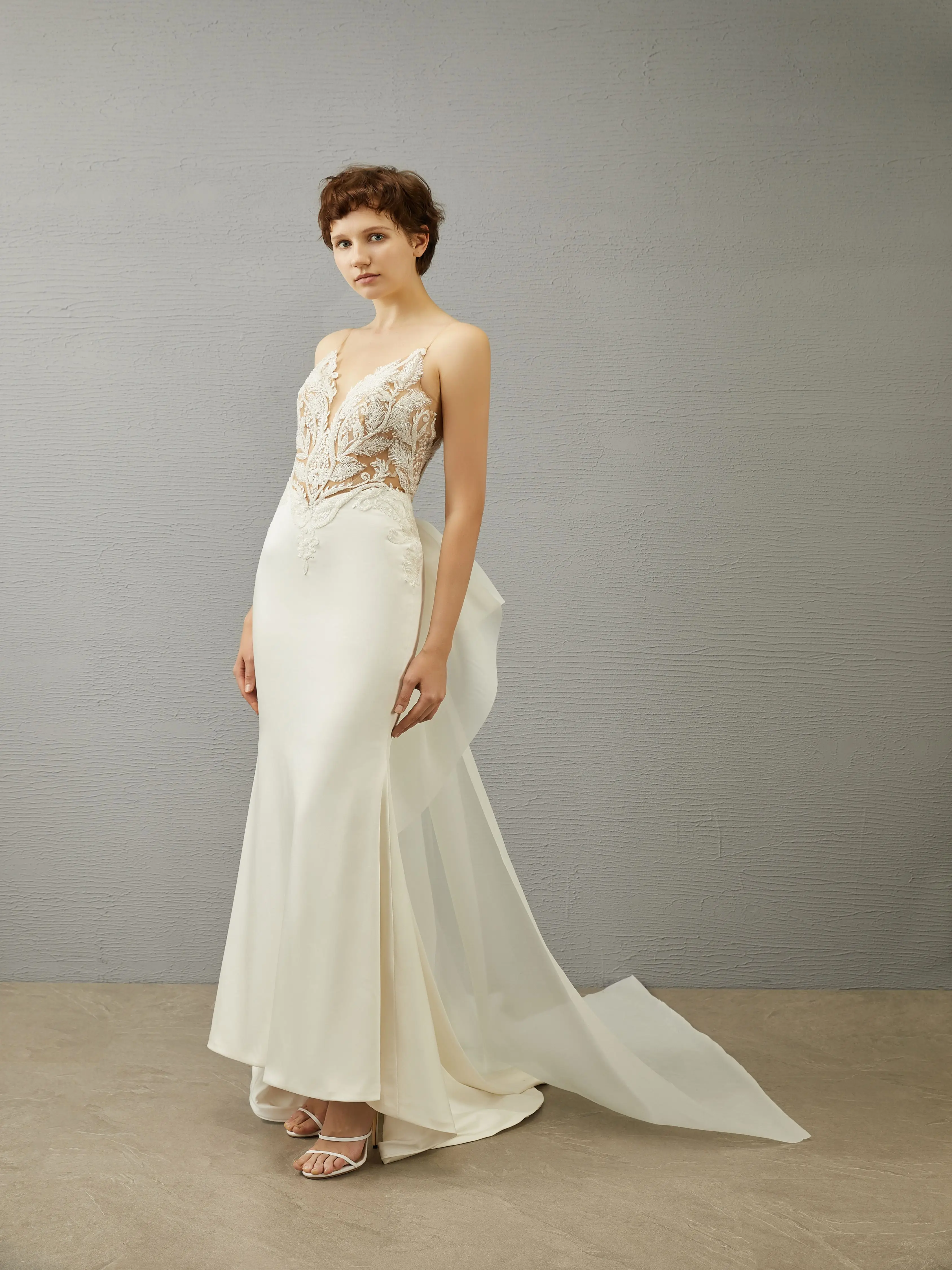 

Женское свадебное платье с юбкой годе, кружевное платье на бретелях-спагетти с аппликацией и бантом из бисера, платье невесты