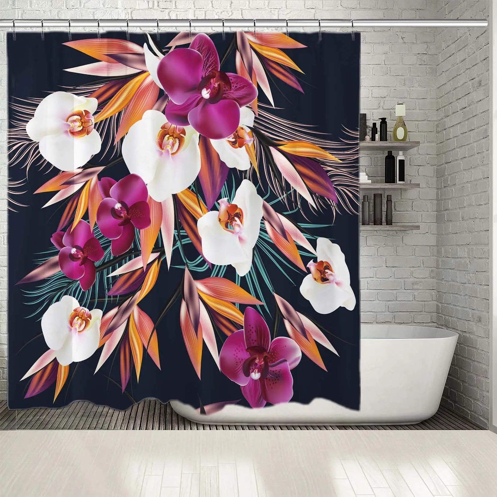 Занавеска для душа тропические растения орхидеи и Пальмовые Листья на темно