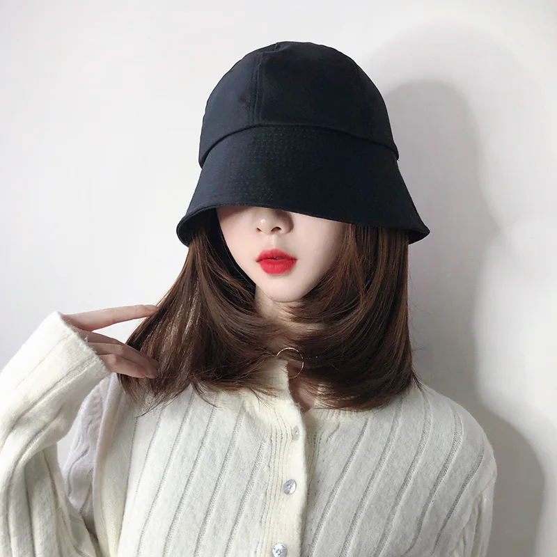 High Temperature Fiber Synthetic Knitted Fisherman Bucket Hat Long Curls Wig Adjustable Natural Fake Hair for Women Sun Hat