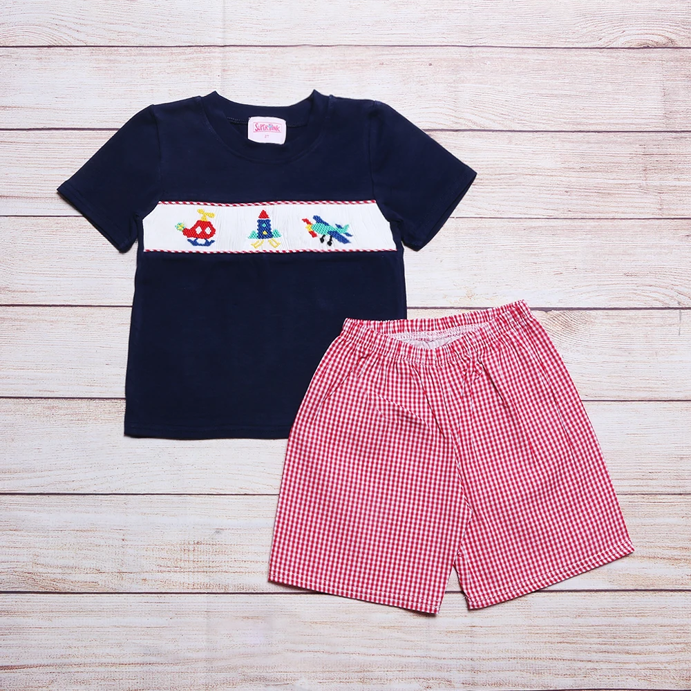 

Boutique Baby Boy Set Clothes Smock Hand Embroidery Kid Clothes Airplane Sleeveless T-Shirt Children Sets Shorts Body Suit Baby