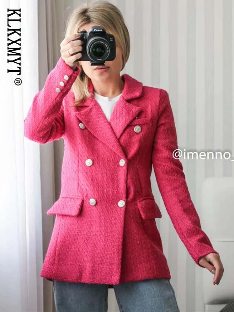

Klkxmyt Women Blazer 2022 Fashion Double Breasted Tweed Blazer Coat Vintage Long Sleeve Office Wear Female Outerwear Chic Veste