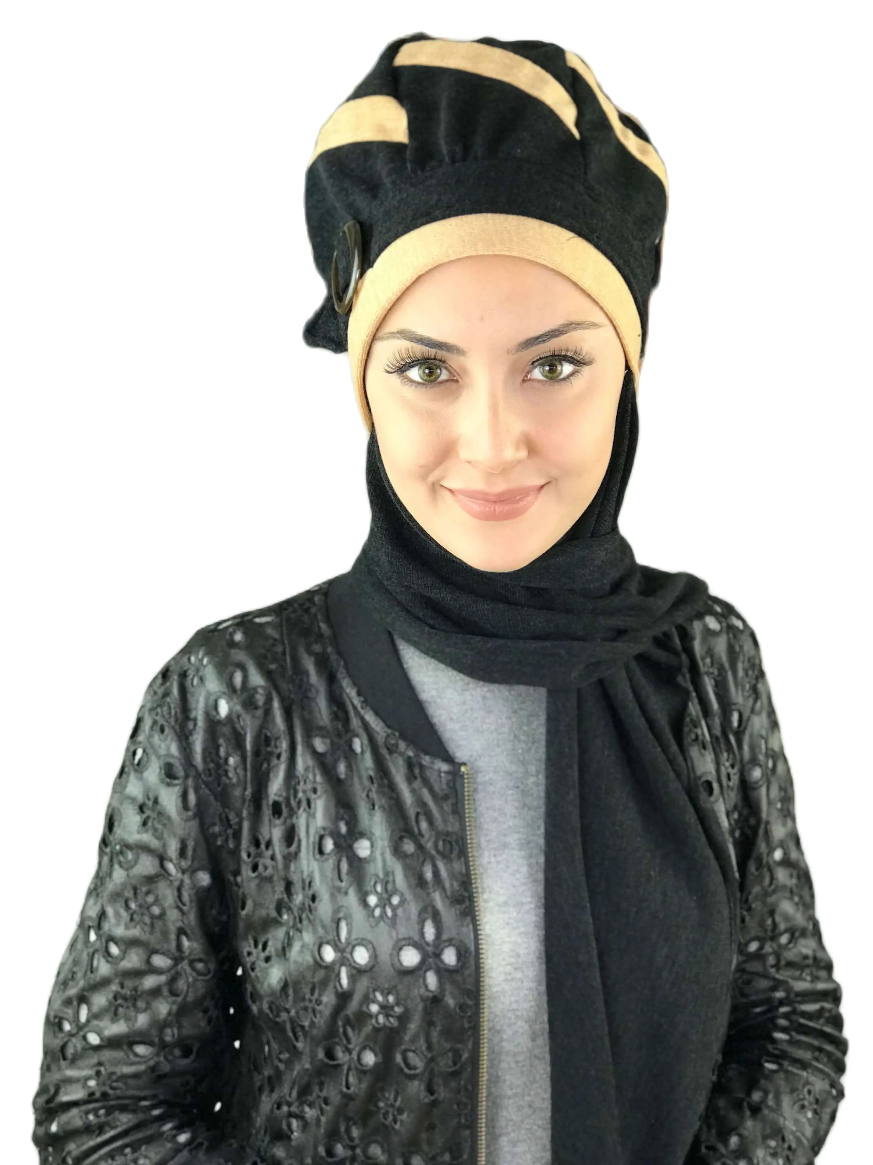 2022 Hijab New Fashion Women's Ladies Bone Winter Chiffon Chemo Cancer Head Hat Shawl BlackDark Yellow Buckle Stripe Scarf Beret