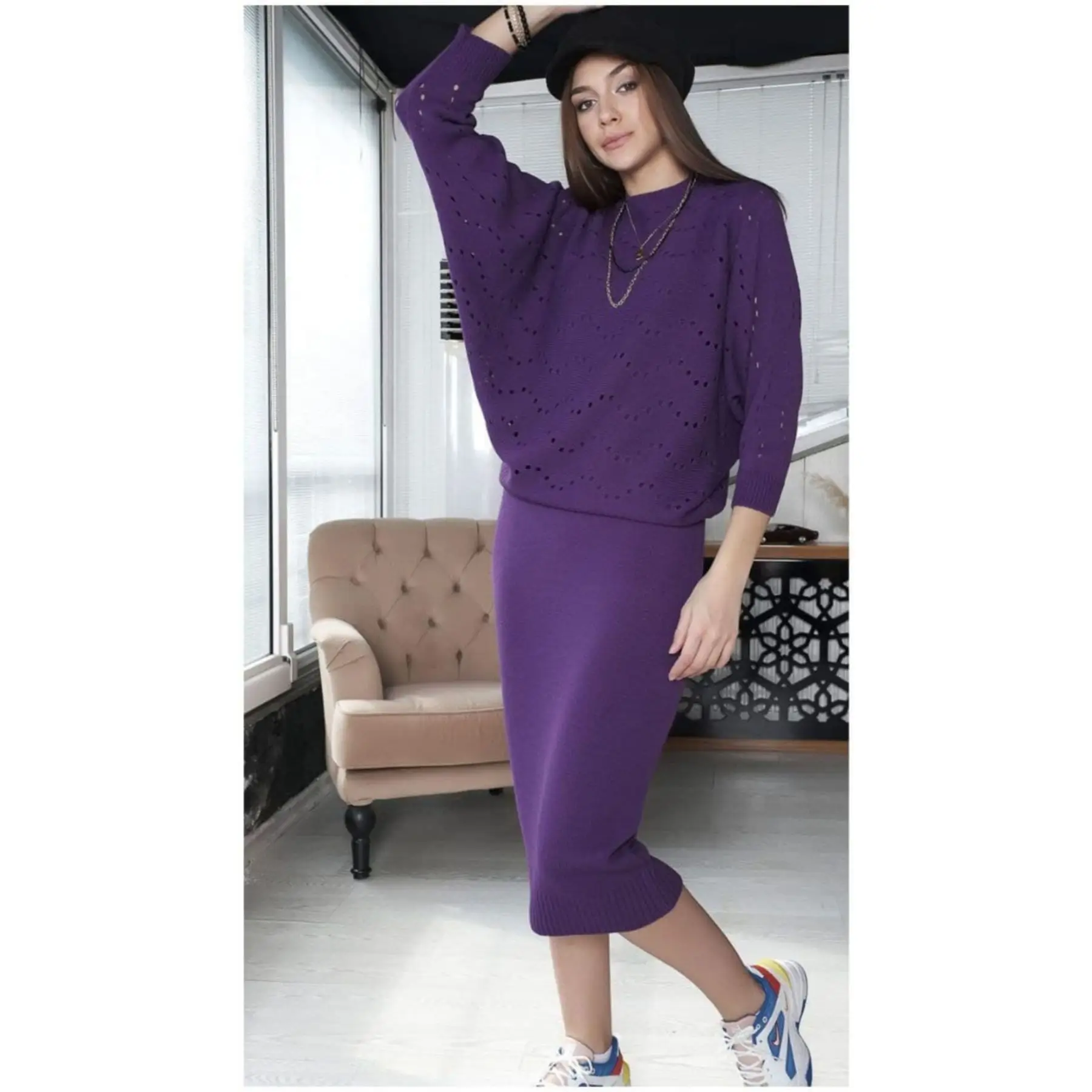 

Женский комплект из 2 предметов с юбкой, трикотажная одежда с вышивкой и узором, свитер Макси и юбка миди, удобная повседневная одежда с длин...