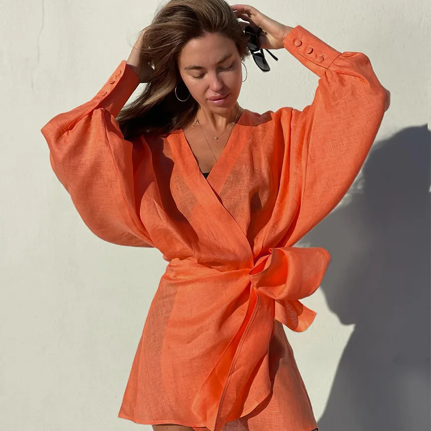 

2022 Summer CottonLinen New Vacation Casual Cardigan Long-Sleeved Design Irregular Dress For Women