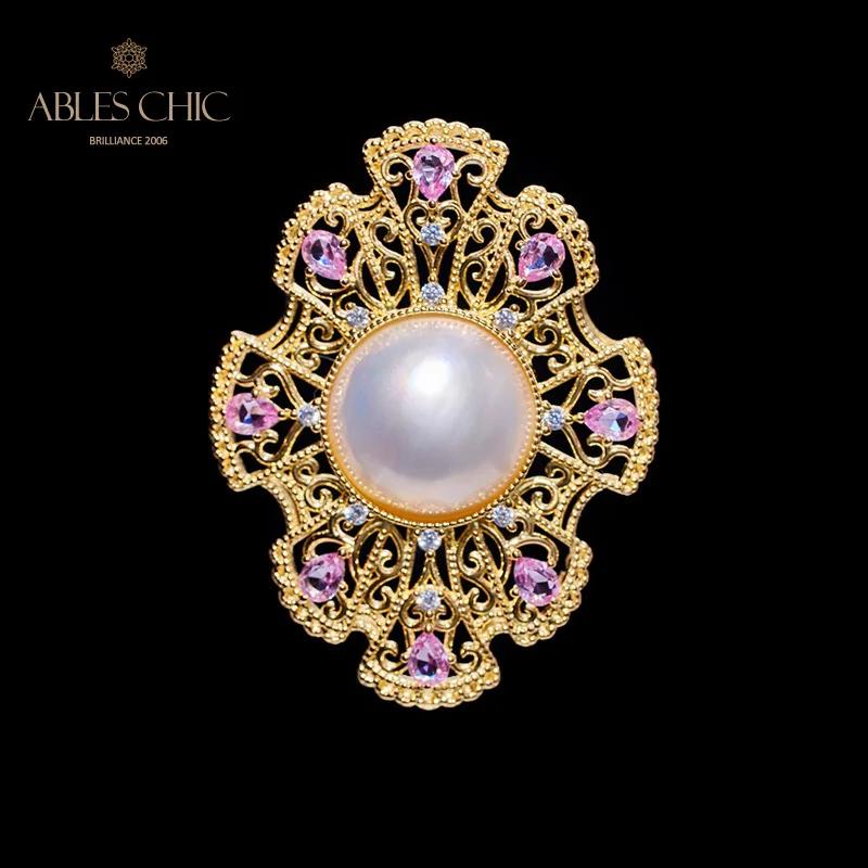 

18K Gold Tone Cultured Mabe Pearl Classic Fretwork Pendant Solid 925 Silver Pink Stones Vintage Wedding Charm C11N3S26006