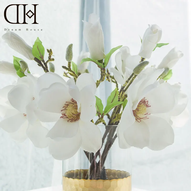 

White Magnolia Artificial Flowers Fake Silk 2 Heads Orchid Flores Branch For DIY Holding Bouquet Home Wedding Deco