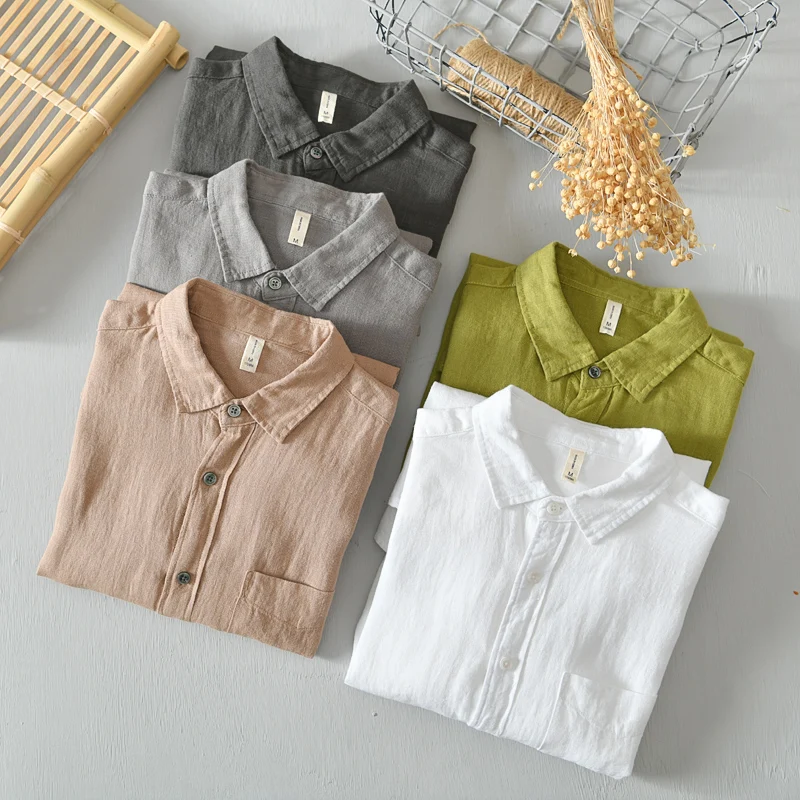 New men casual shirt 100% linen Breathable solid tops long sleeve Soft and comfortable men shirts Camisa masculina 531