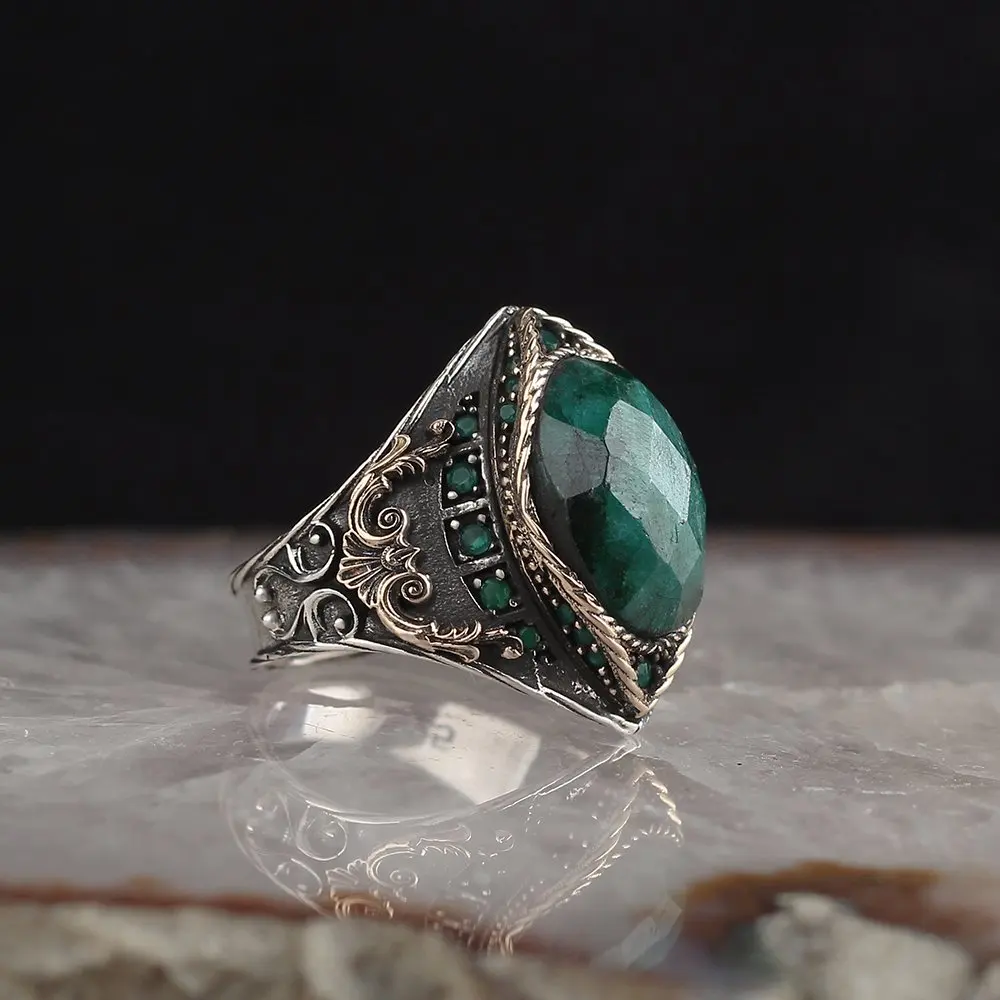 

Emerald 925 Silver Engraved Special Craftmanship Traditional Handmade Turkish Signet Ring Jewelry Gift for Women Men