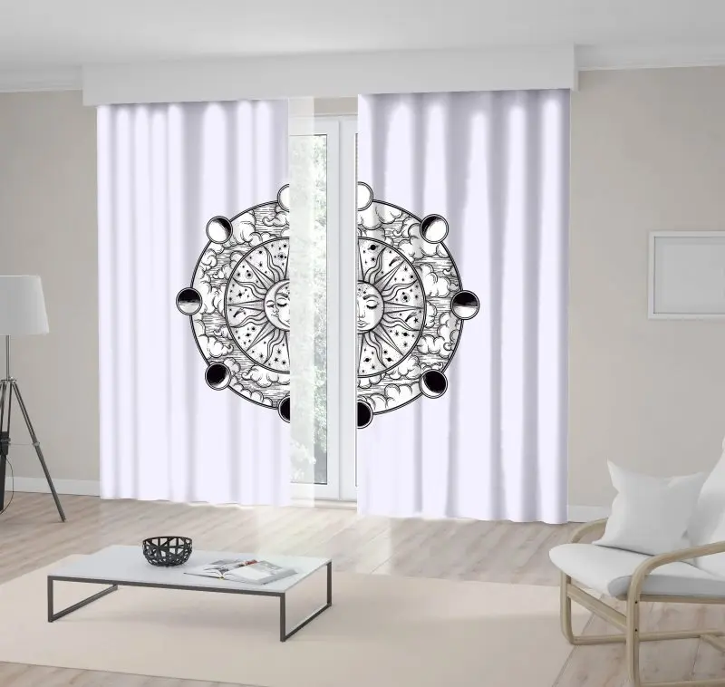 

Curtain Moon Sun Stars Cloudy Night Sky and Lunar Phases Oriental Mystic Artwork Printed Black White