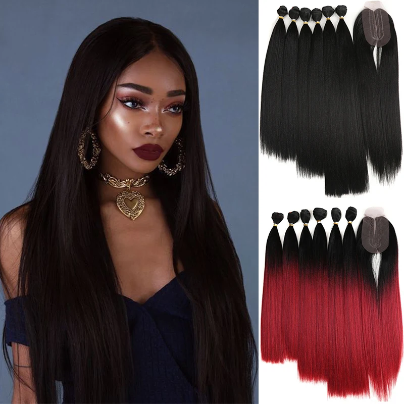 Синтетические волосы Комплект с закрытием яки прямые для наращивания 7 шт./упак.