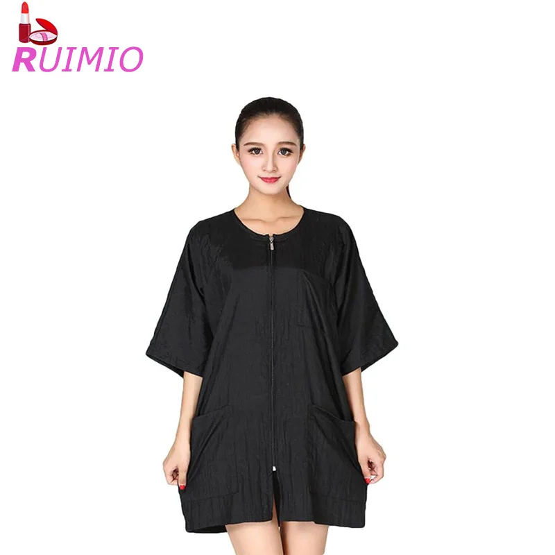 

1pc Short Sleeve Barbers Aprons Professional Zipper Salon Hair Stylist Apron With Pockets Waterproof Hairdresser Cape Black