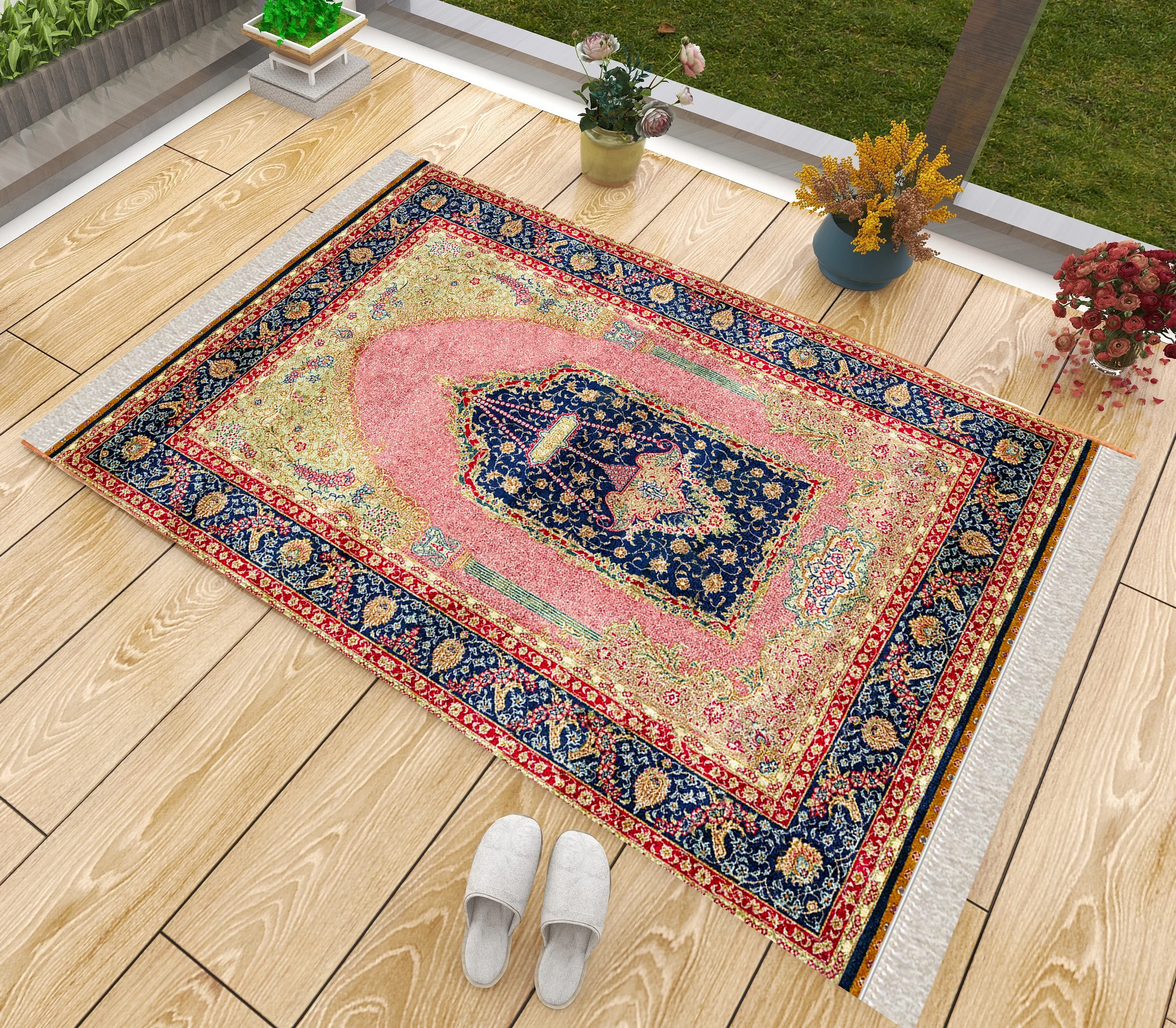 

Luxury Thick Prayer Rug Pink Purple Flower Non-Slip Muslim Islamic Janamaz Floor Mats Praying Carpet Kaaba Decoration Home