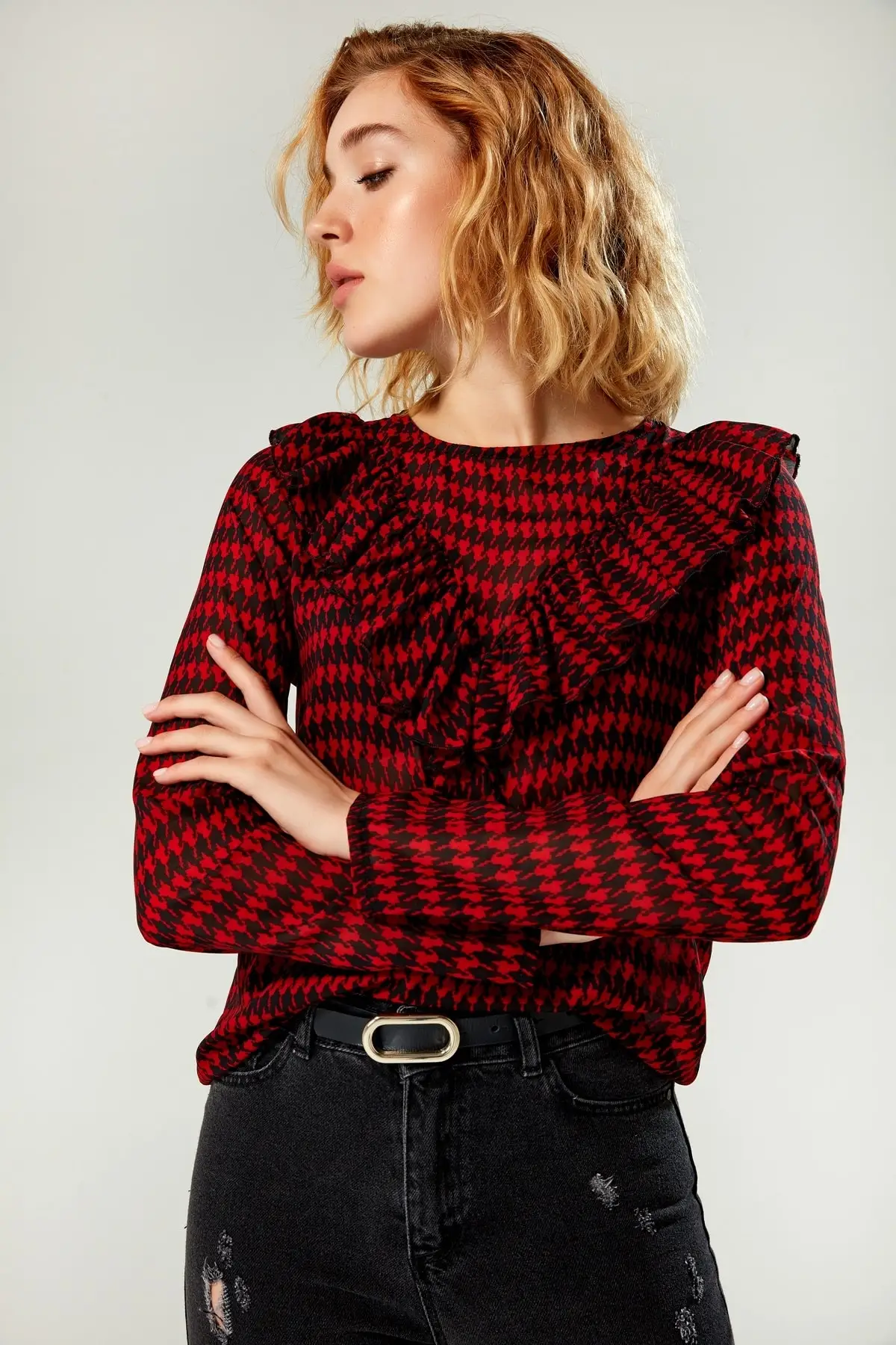 Бутик женщин красный маховик детальный печати Блузка 1235|Блузки| |