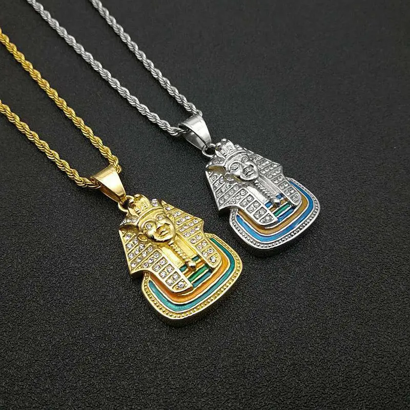 

Vintage Egyptian Pharaoh Necklace Zircon Sphinx Pendant Stainless Steel Chain Rhinestone Necklace Women Men's Hip Hop Jewelry