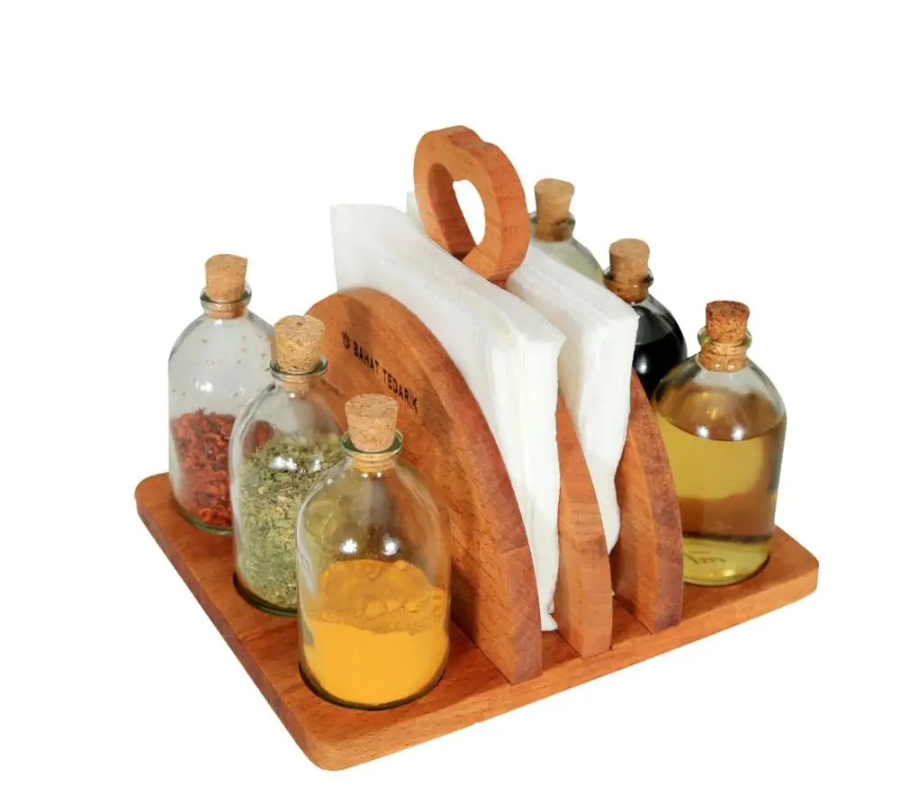

Wooden Bamboo Napkin Holder Oil-Vinegar Spice Rack Set