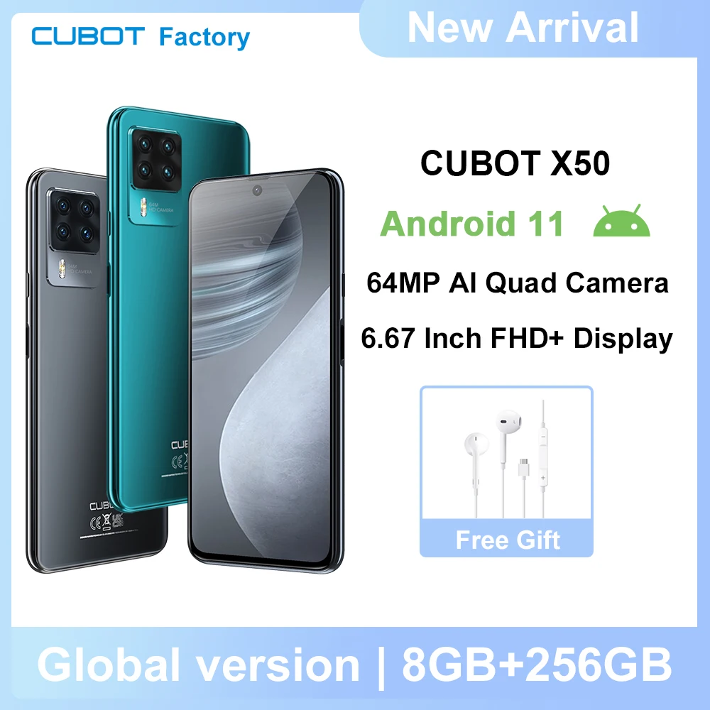 

Cubot X50 Smartphone 8GB+256GB 64MP Quad Camera 4500mAh Battery 6.67" FHD+ Large Display NFC Global Version Android 11 Cellphone