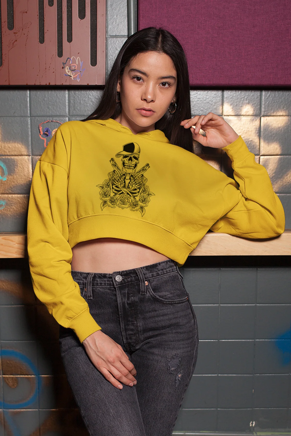 Angemiel одежда Гангстер Скелет желтый короткий свитер с капюшоном | Женская