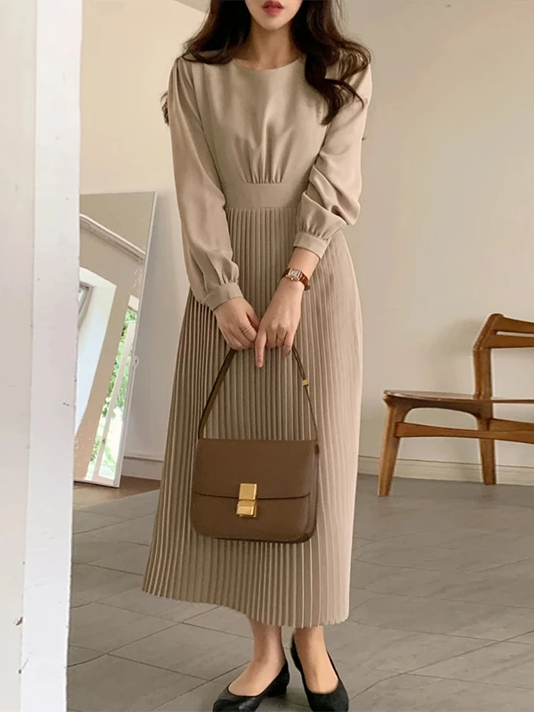 Женское плиссированное платье средней вечерние ны однотонное повседневное