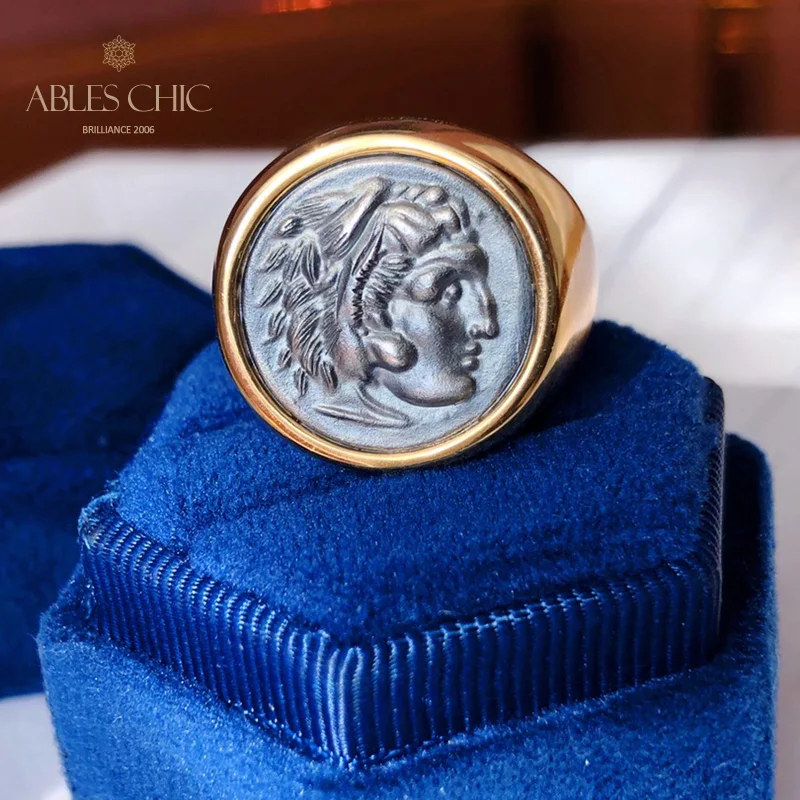 Renaissance Solid 925 Silver Roman Coin Open Ring 18K Gold Tone Ancient Greek Zeus Sculpture Vintage Rings C11R1S26021