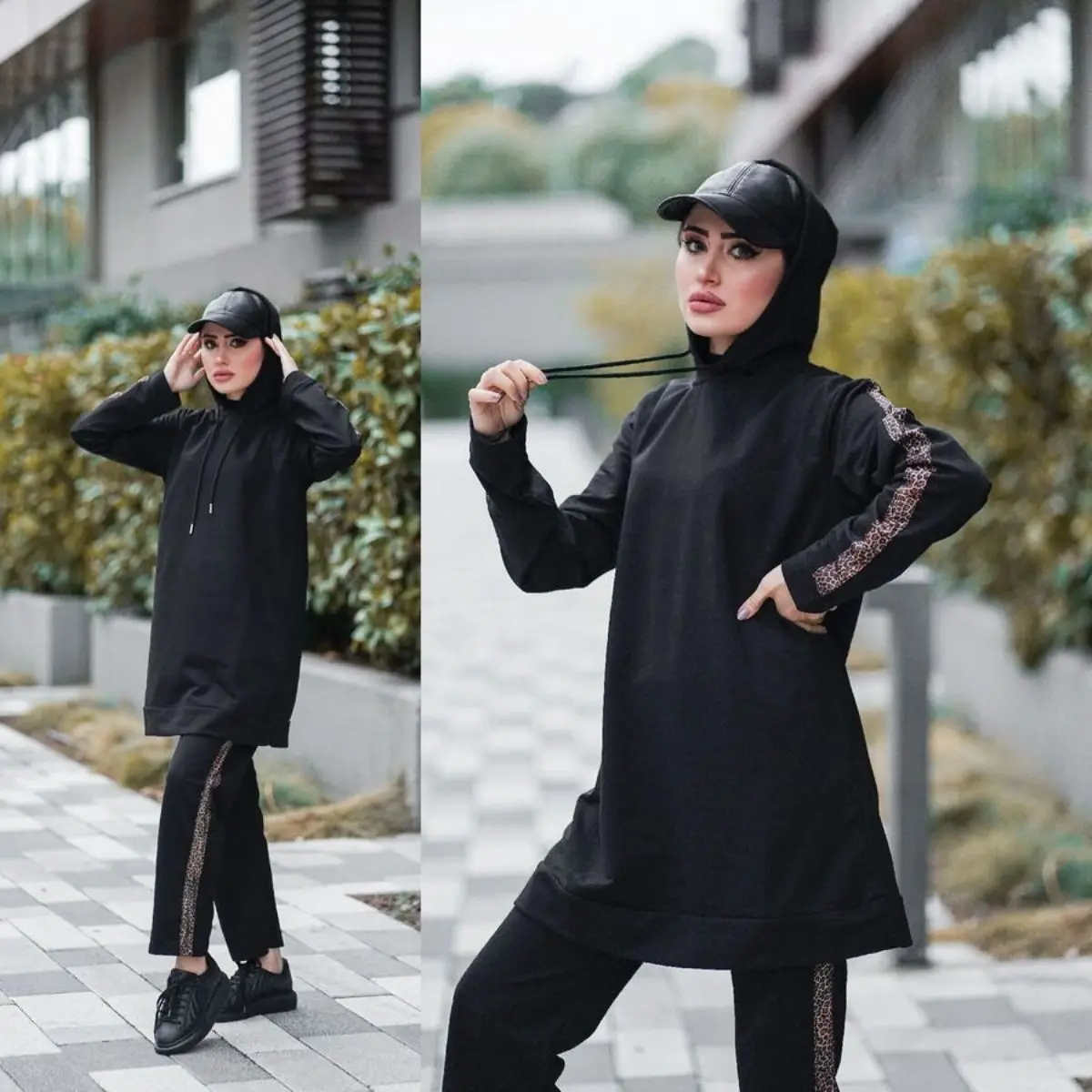 Woman امرأة  Mujer женщина  Fashion Casual Leopard Striped Hooded Tracksuit Set Islamic Muslim  Ramadan Dubai