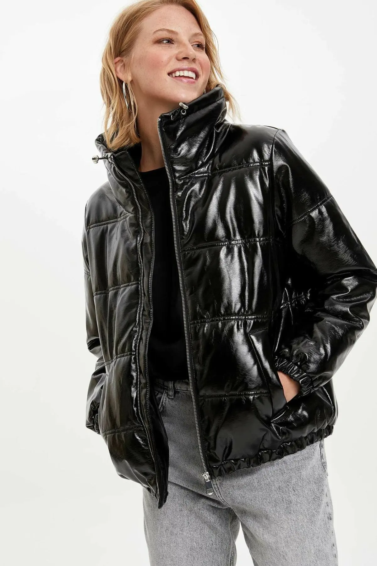 Дефакто Женская мода стоячий воротник утолщенная куртка повседневная глянцевая