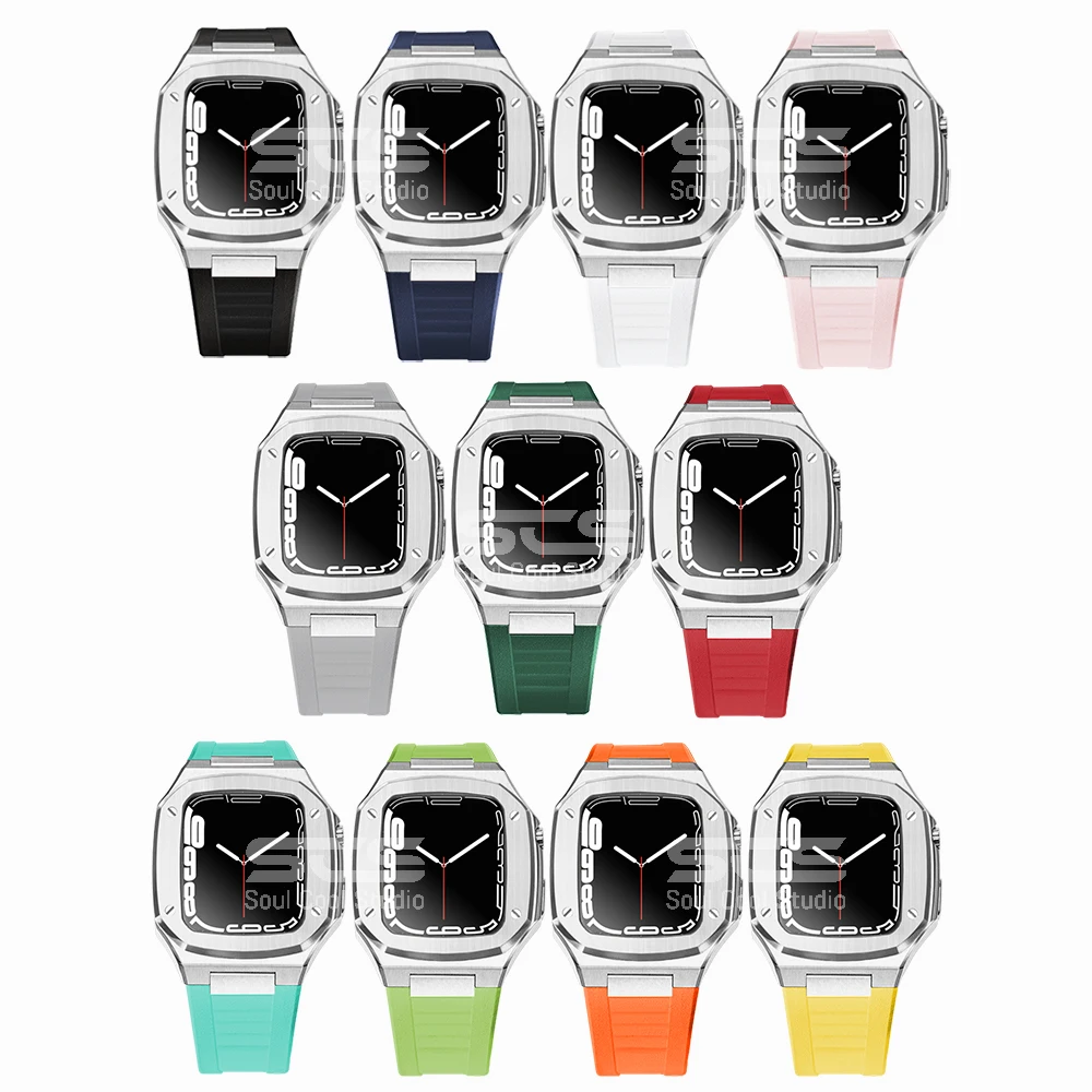 For iWatch 5/6/7/8/SE Retrofit Stainless Steel Strap 45/44/41/40mm Silicone Strap Pink Apple Watch Series 7 Metal Case Compatibl