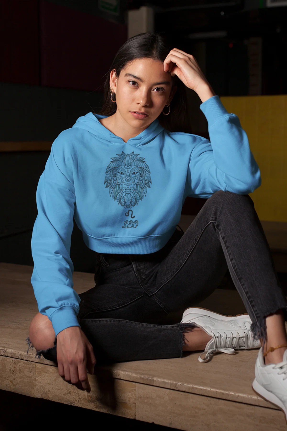 Синяя Короткая Толстовка с капюшоном Angemiel Wear Leo Lion|Женские толстовки и свитшоты| |