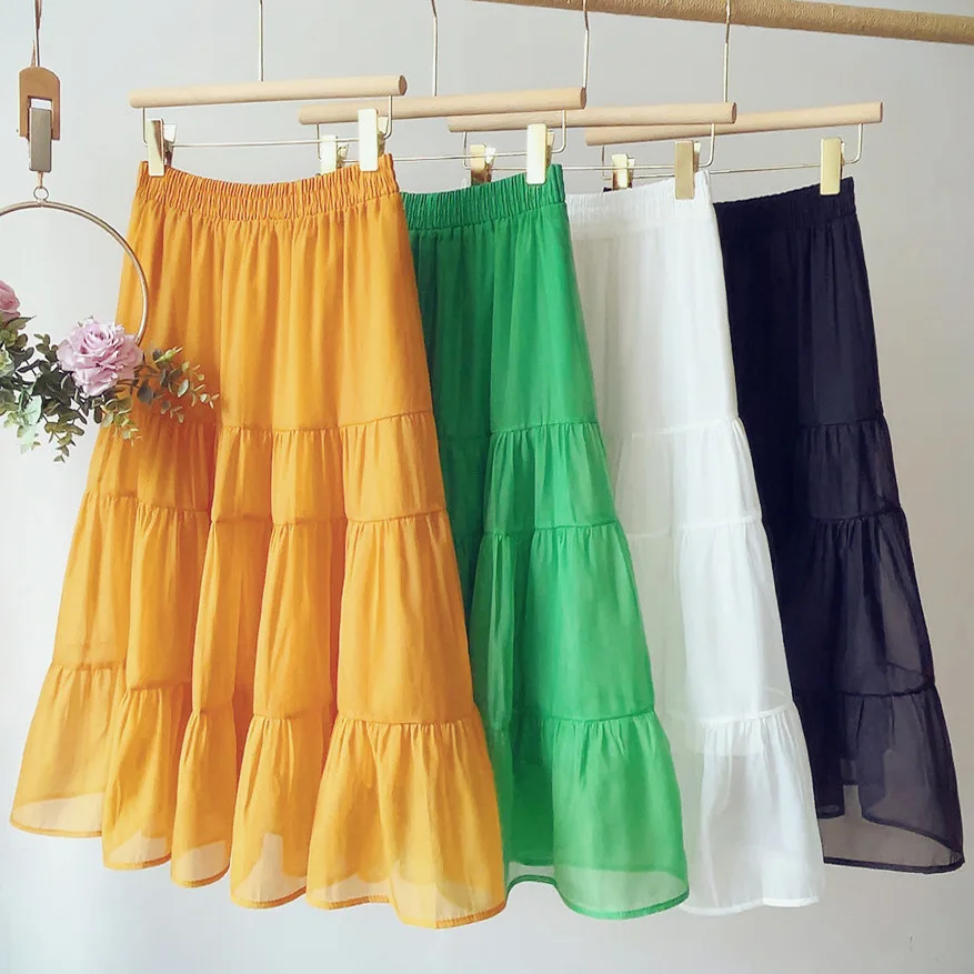 

Qooth Spring Summer Women Elegant Mesh Midi Long Skirt Cake Sweet Tulle Mesh Skirt High Waist Solid Fashion Skirt QT1563