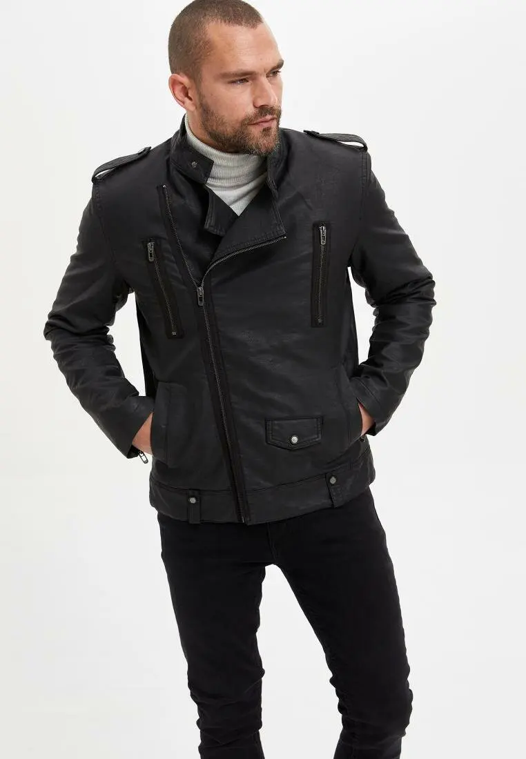 DeFacto Мужская мода лацканы ПУ короткие куртки для мужчин повседневные кожаные
