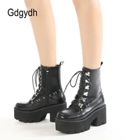 gdgydh womens emo boots gothic platform chunky heels black punk style lace up combat boots for women fall sewing plus size