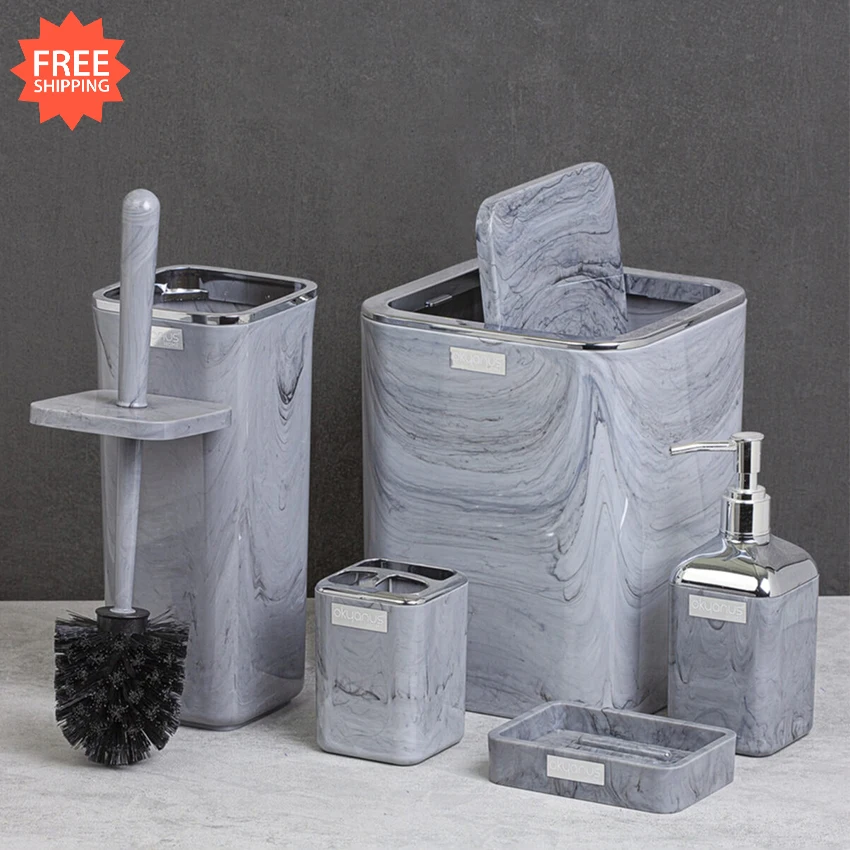 oceanland chrome round square marble patterned bathroom set of 5 hard plastic toothbrush holder soap dispenser toilet brush free global shipping