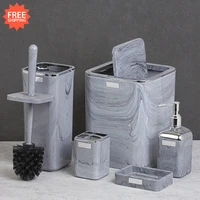 OceanLand Chrome Round-Square Marble Patterned Bathroom Set Hard Plastic Toothbrush Holder Soap Dispenser Toilet Brush