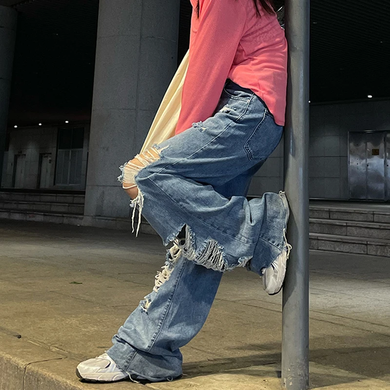 

New Autumn Women's Ripped Jeans High Waist Loose Straight Pants Wide Leg Pants Women's Jeans Y2K High Street Jeans Plus Size