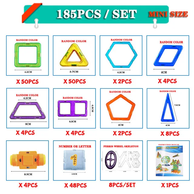 185pcs Магнитный конструктор, конструктор для мальчиков, игрушки для малышей, блоки, мини развивающие наборы, модели, строительные магниты ABS, детские рождественские подарки - Цвет: 185pcs