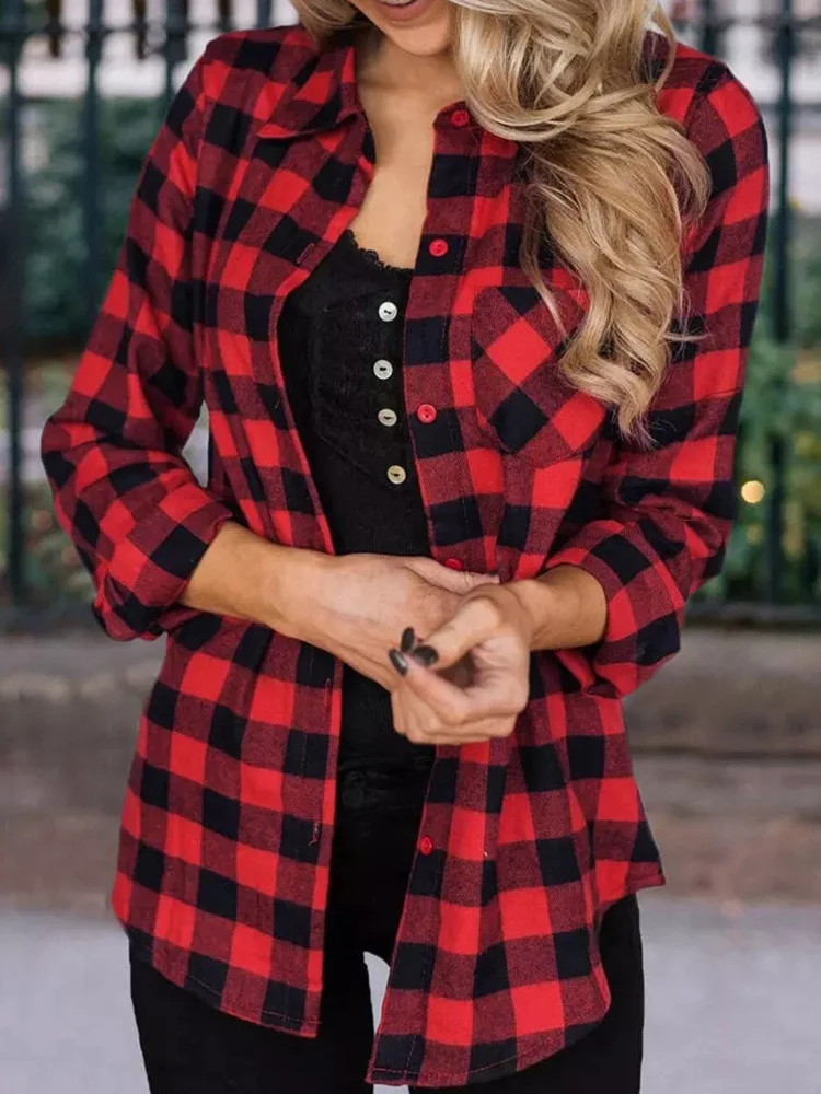 

Women Blouses Plaid Pocket Turn-Down Collar Spring Shirt Casual Loose Harajuku Female Long Sleeve Tops Pockets Shirts