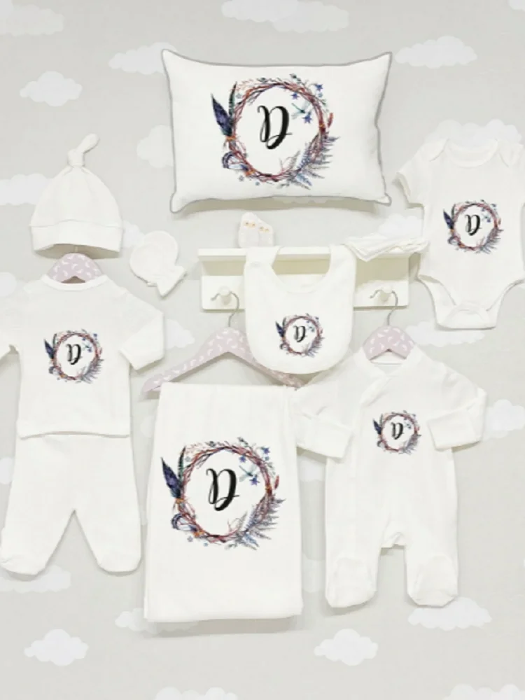 11 PIECES REQUESTED SINGLE LETTER PRINTED - NEWBORN SET - HOSPITAL OUTFIT - ORGANIC COTTON  - UNISEX