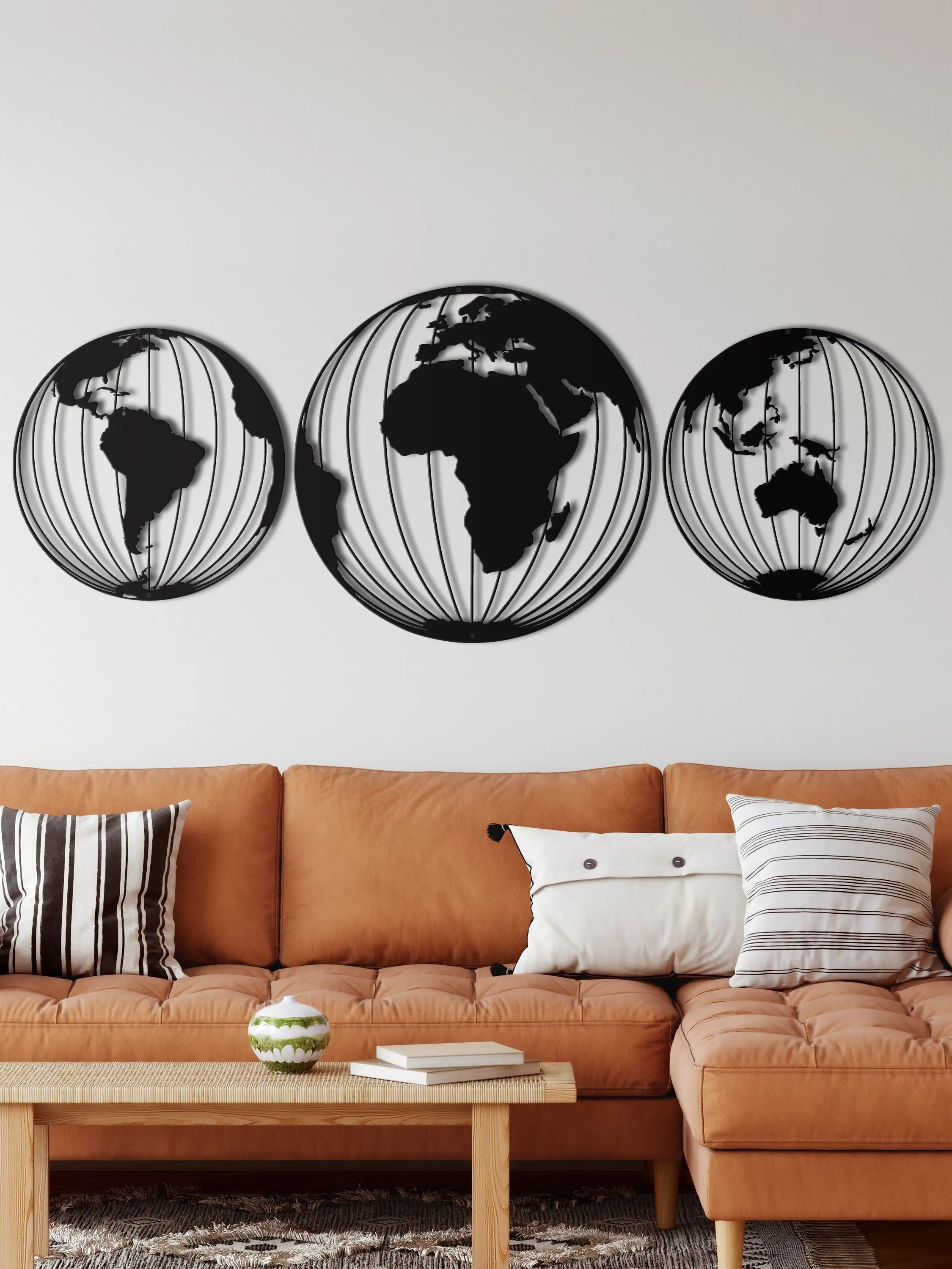 

Three Metal World Map Globes, Round Metal World Map Wall Art, Metal Wall Decor, Metal Wall Art, Home Office Decoration