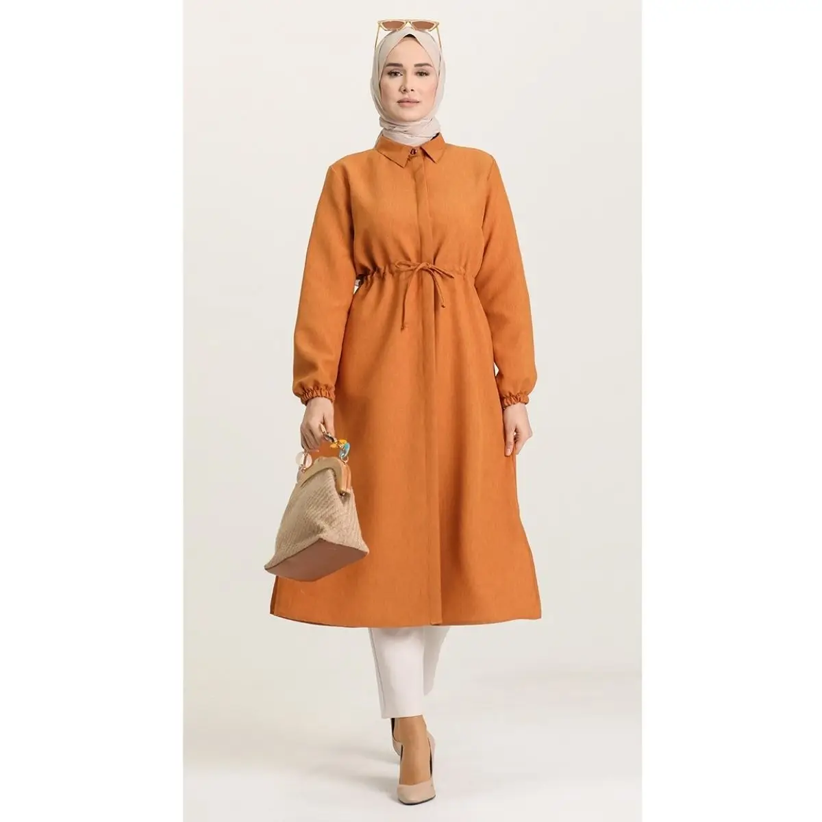 

Gathered Waist Long Tunic Women Hijab Clothing Muslim Hidden Button Drawstring Belt Unlined Shirt Collar Fashion Long Sleeve